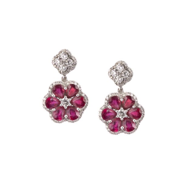 



RUBY AND DIAMOND FLOWER-SHAPED DROP EARRINGS IN 18KT WHITE GOLD