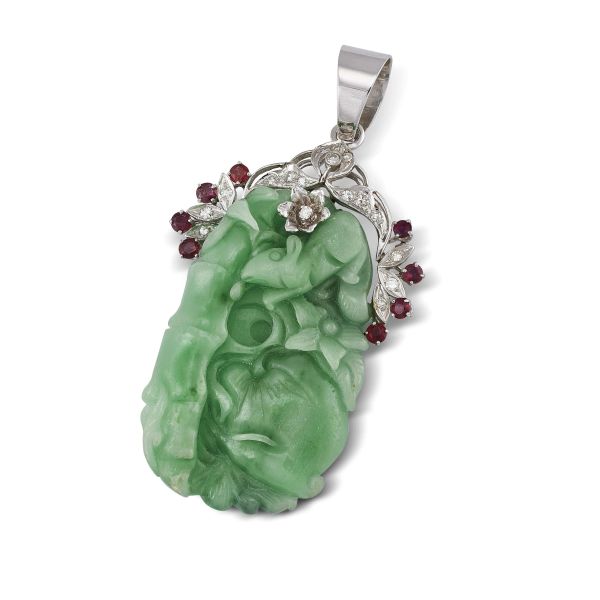 JADE RUBY AND DIAMOND PENDANT IN 18KT WHITE GOLD
