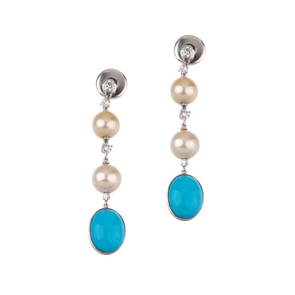 



PEARL DIAMOND AND TURQUOISE PASTE DROP EARRINGS IN 18KT WHITE GOLD