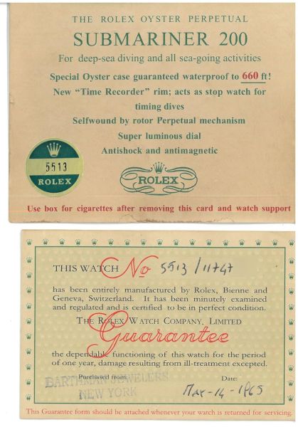 ROLEX SUBMARINER REF. 5513 UNDERLINE N. 11747XX ANNO 1965