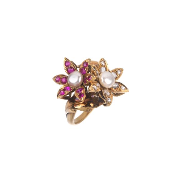 



PEARL RUBY AND DIAMOND FLORAL RING IN 18KT YELLOW GOLD