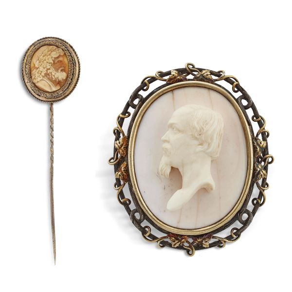TWO CAMEO BROOCHES IN SILVER AND GOLD