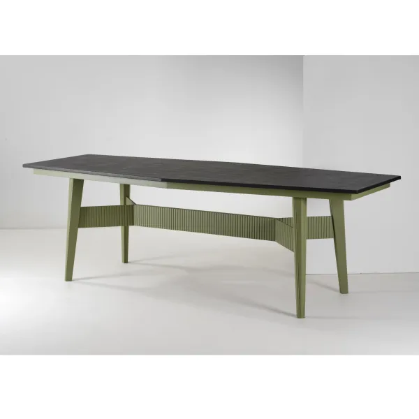 



TABLE, GREEN METAL STRUCTURE, WOOD AND VINYL TOP 