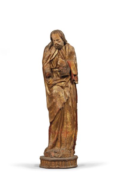 An Alpine region carver of German-Tyrolean culture, late 15th-early 16th century, A bearded figure with a basket of fruit (Saint Joseph?), gilt and polychromed wood high relief, 100x29x24 cm
