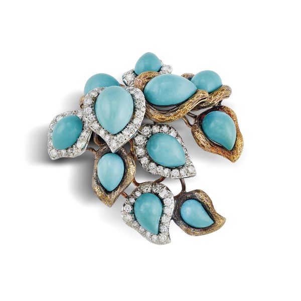 



TURQUOISE PASTE AND DIAMOND BRANCH BROOCH IN 18KT TWO TONE GOLD