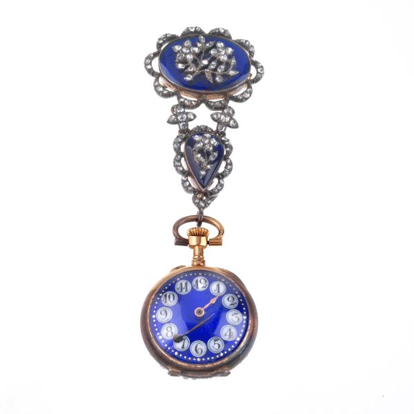 ENAMELED BROOCH WITH A SMALL POCKET WATCH IN SILVER AND GOLD