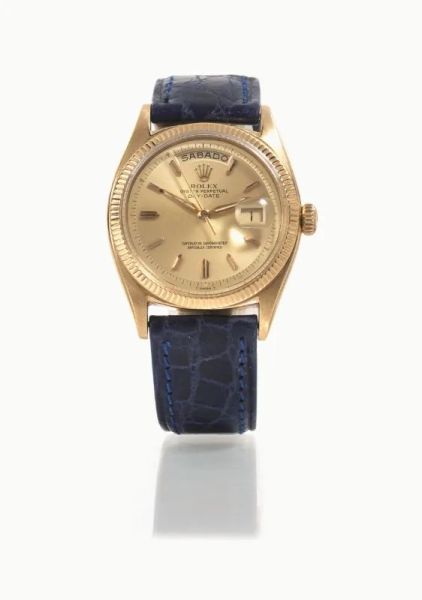  Orologio da polso Rolex Day-Date Ref. 6611, seriale n. 474'401, 1959 circa, in oro giallo 18 kt, con scatola in pelle con fibbia e block notes entrambi Rolex                                                                       