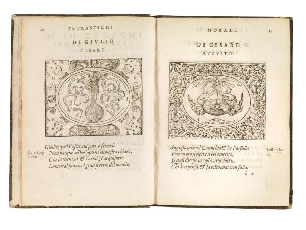      (Emblemi - Illustrati 500)   SIMEONI, Gabriele.   Le sententiose imprese di monsignor Paulo Giouio, et del signor Gabriel Symeoni, ridotte in rima per il detto Symeoni.   In Lyone, appresso Gulielmo Rouiglio, 1561.  