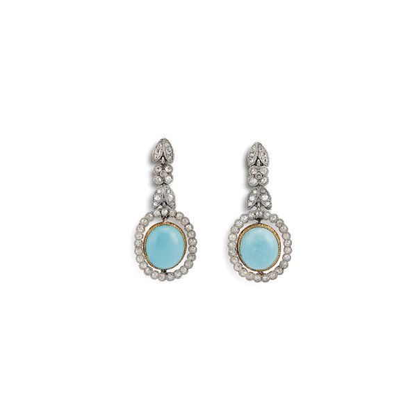 BUCCELLATI TURQUOISE AND DIAMOND DROP EARRINGS IN 18KT TWO TONE GOLD