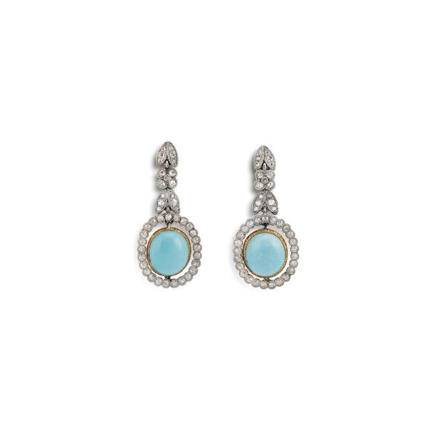 Buccellati - BUCCELLATI TURQUOISE AND DIAMOND DROP EARRINGS IN 18KT TWO TONE GOLD