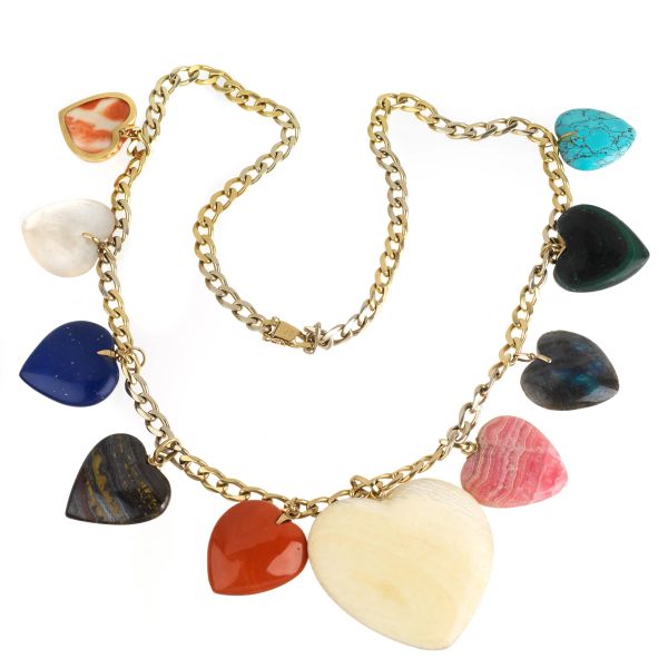 LONG GROUMETTE NECKLACE IN 18KT TWO TONE GOLD WITH HARD STONE CHARMS