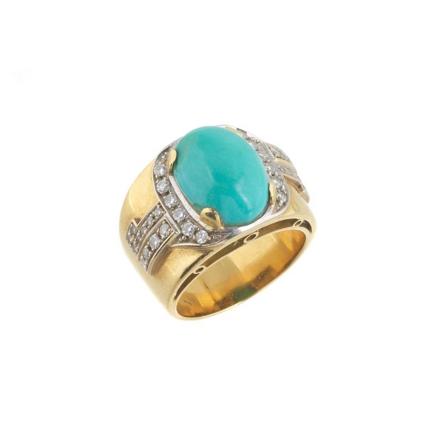 TURQUOISE AND DIAMOND BAND RING IN 18KT TWO TONE GOLD