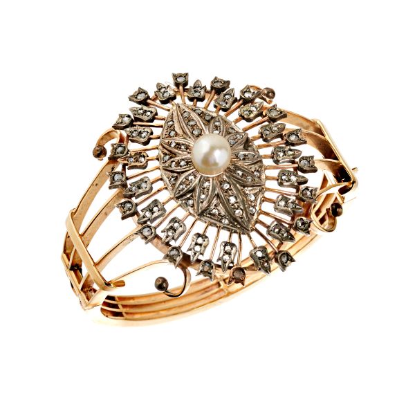 PEARL AND DIAMOND WIDE BAND BANGLE BRACELET IN GOLD AND SILVER 