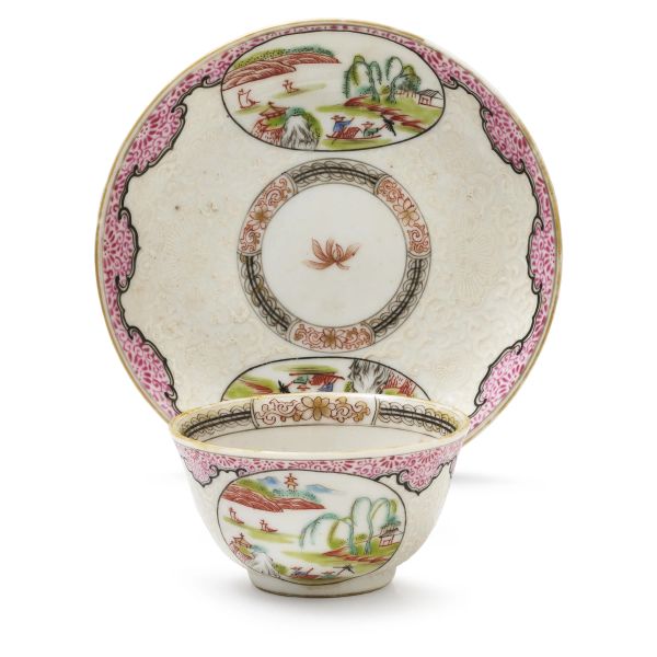 



&quot;MANDARIN&quot; CUP AND SAUCER WITH BROCADE BORDERS, CHINA, QING DYNASTY, 18TH CENTURY