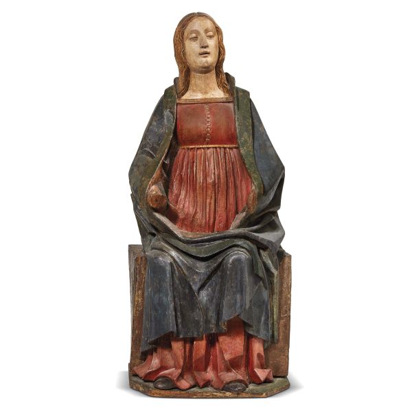 Tuscan School, 16th century, Madonna enthroned, carved and polychromed painted wood, 110x46x39 cm