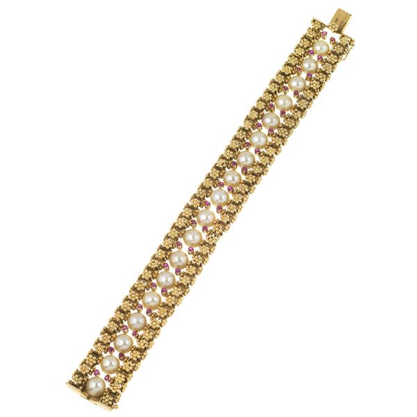 PEARL AND RUBY SOFT KNIT BRACELET IN 18KT YELLOW GOLD
