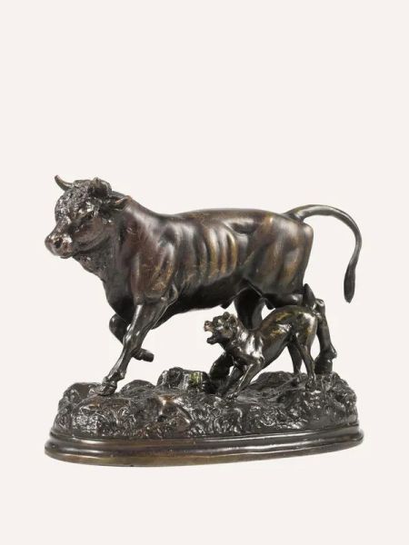  Scultura, Scuola fiamminga sec. XIX,  in bronzo, modellata come un toro andante su di un prato affiancato da un cane, cm 11,5x15                                                                