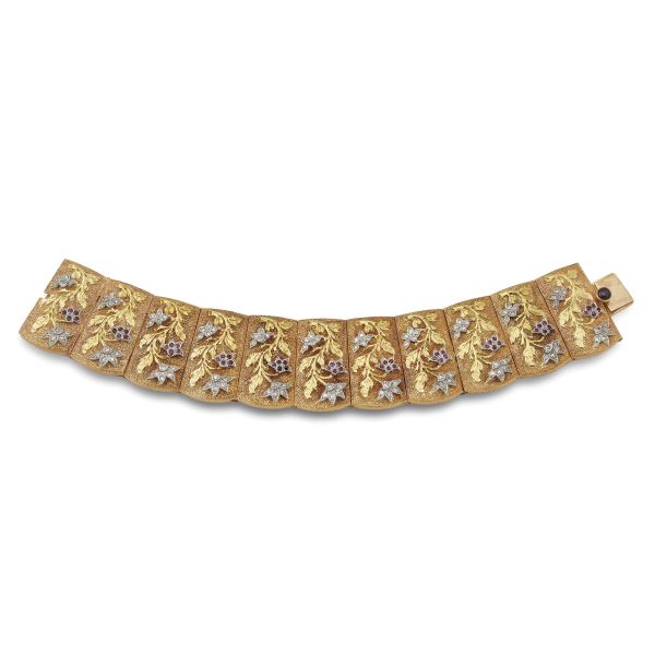 RUBY AND DIAMOND WIDE BAND BRACELET IN 18KT TWO TONE GOLD