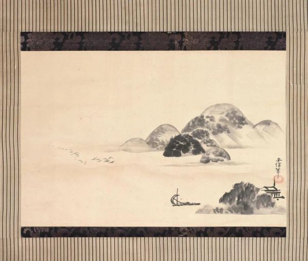 Kakemono Giappone sec. XX, inchiostro su carta, paesaggio, misure totali cm 120x65
