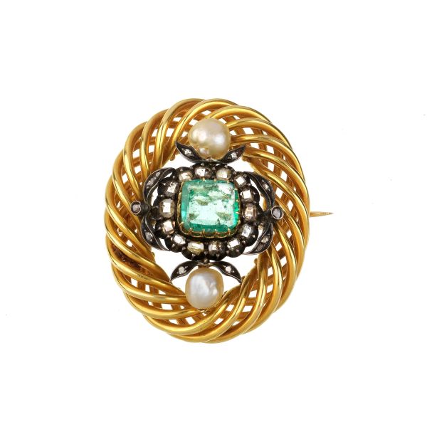 EMERALD PEARL AND DIAMOND SPIRAL BROOCH IN GOLD AND SILVER