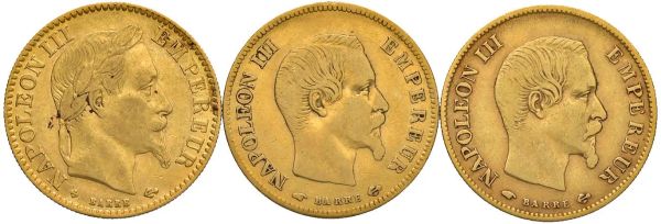      FRANCIA. TRE MONETE DA 10 FRANCHI (1857, 1858, 1864)  