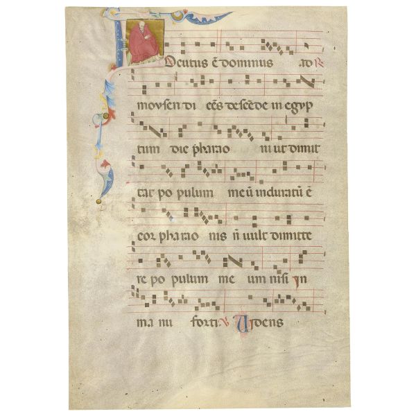 Illuminated initial with Moses in a red cape