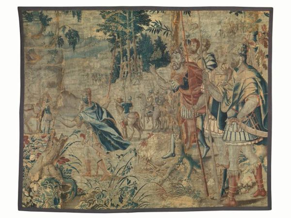 Frammento di arazzo, probabilmente Bruxelles, fine sec. XVI, inizi sec. XVII, raffigurante scena con soldati romani, cm 227x278, consunzioni, restauri e danni