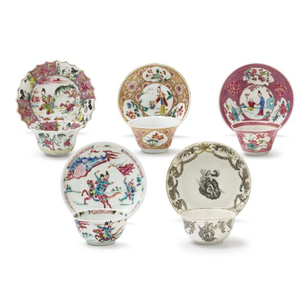



GROUP OF FIVE TEACUP AND SAUCER PAIRS, CHINA, QING DYNASTY, 18TH&ndash;19TH CENTURIES
