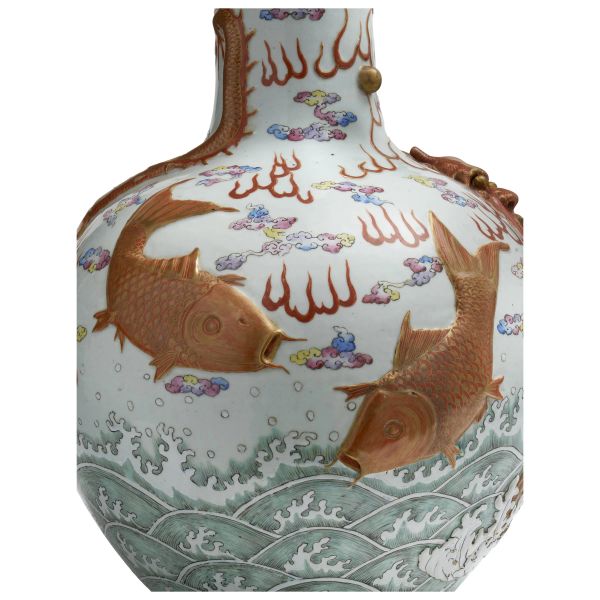 A FAMILLE ROSE PORCELAIN TIANQIUPING VASE WITH CARP-TRANSFORMINGINTO-DRAGON MOTIF, CHINA, LATE QI...
