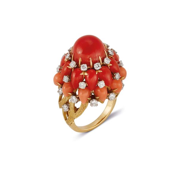 BULGARI CORAL AND DIAMOND DOME RING IN 18KT YELLOW GOLD AND PLATINUM 