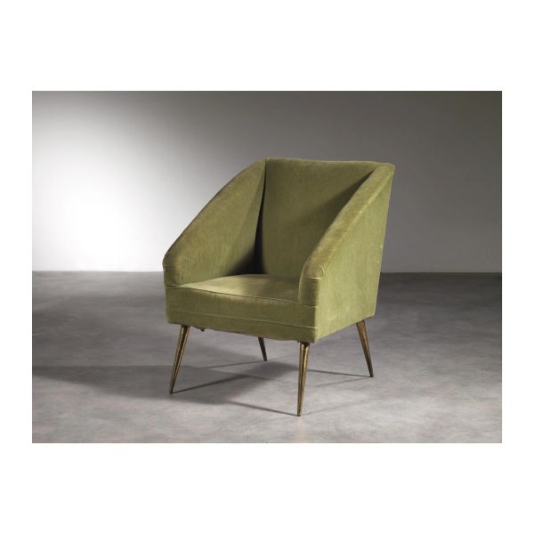 ARMCHAIR, WOODEN STRUCTURE, GREEN FABRIC UPHOLSTERY, METAL LEGS