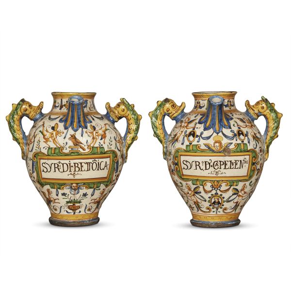 A PAIR OF SPOUTED PHARMACY JARS, MONTELUPO, CIRCA 1620