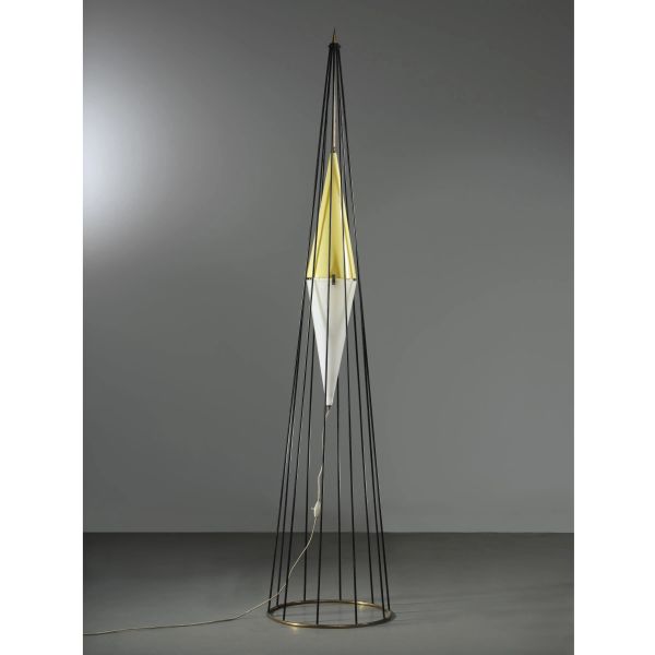 FLOOR LAMP, METAL STRUCTURE, WHITE AND YELLOW PLASTIC LAMPSHADE