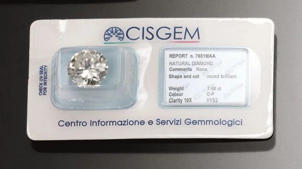  Diamante di taglio brillante di ct 7,68 con certificato gemmologico CISGEM  
