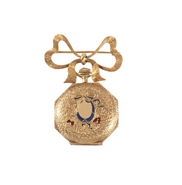 



OROLOGIO DA TASCA IN ORO CON SMALTI E SPILLA A FIOCCO
