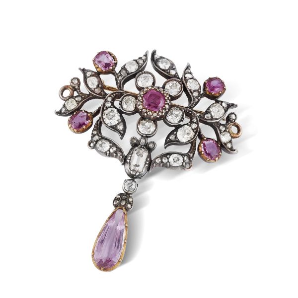 



BURMA RUBY DIAMOND AND NATURAL ROSE TOPAZ BROOCH IN GOLD AND SILVER