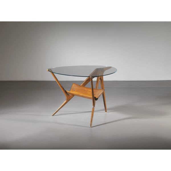 ROUND LOW TABLE, WOODEN STRUCTURE, GLASS TOP