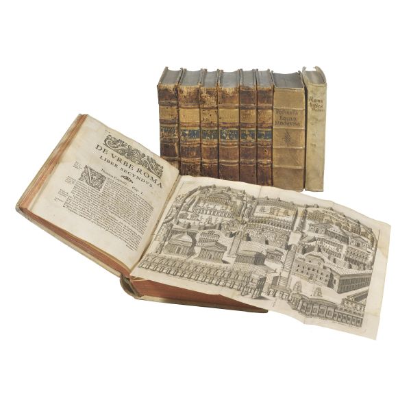 [ROMA ANTICA E MODERNA]. Lotto di 4 opere settecentesche dedicate alla Roma antica e moderna (in 9 volumi):