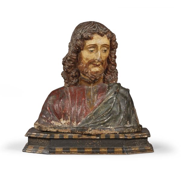 Andrea Ferrucci and workshop, Fiesole, circa 1465-1526, Christ the Redeemer, 45x46x25 cm, polychromed stucco bust and black lacquered and gold highlighted wood base (9x55x23 cm)