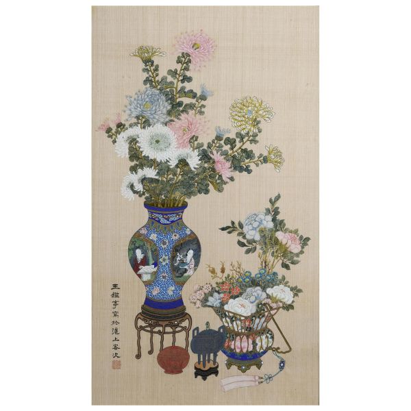 



A CHINESE PAINTING ON SILK WITH VASES OF FLOWERS, 20TH CENTURY