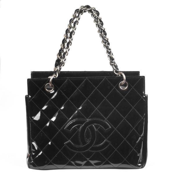 CHANEL BLACK PATENT SHOPPING BAG