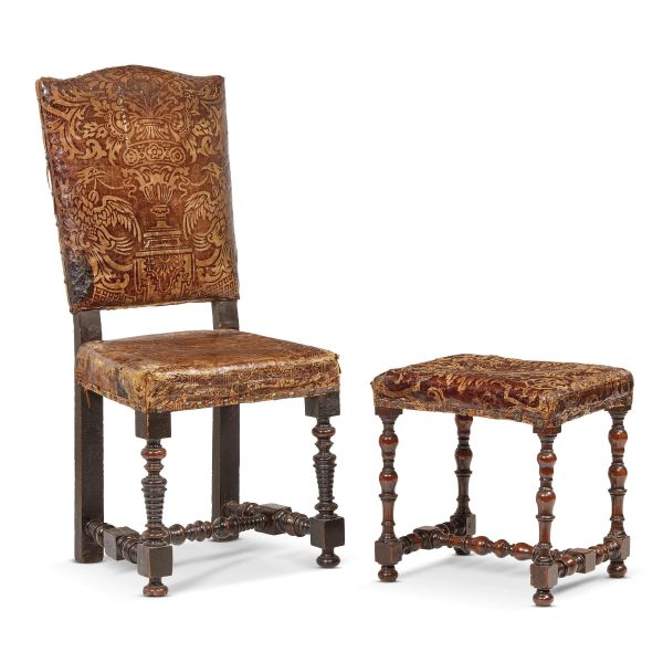 AN EMILIAN CHAIR AND STOOL, 17TH CENTURY