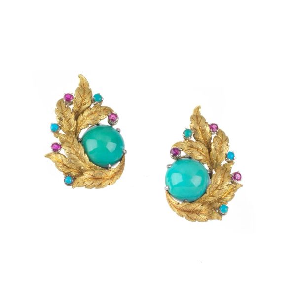 TURQUOISE A RUBY CLUSTER EARRINGS IN 18KT TWO TONE GOLD