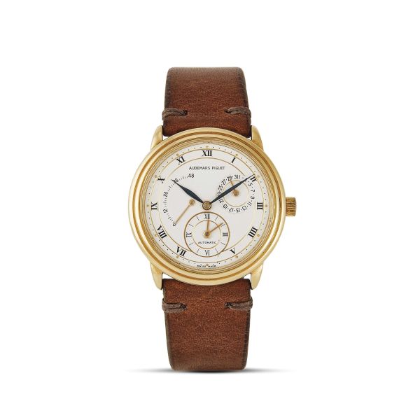 AUDEMARS PIGUET DUAL TIME REF. BA.25685 CALENDAR AND POWER RESERVE YELLOW GOLD WRISTWATCH