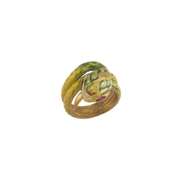 SNAKE-SHAPED ENAMELED RING IN 18KT YELLOW GOLD