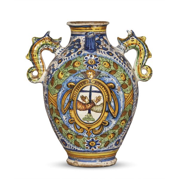A SPOUTED PHARMACY JAR, MONTELUPO, HALF 17TH CENTURY