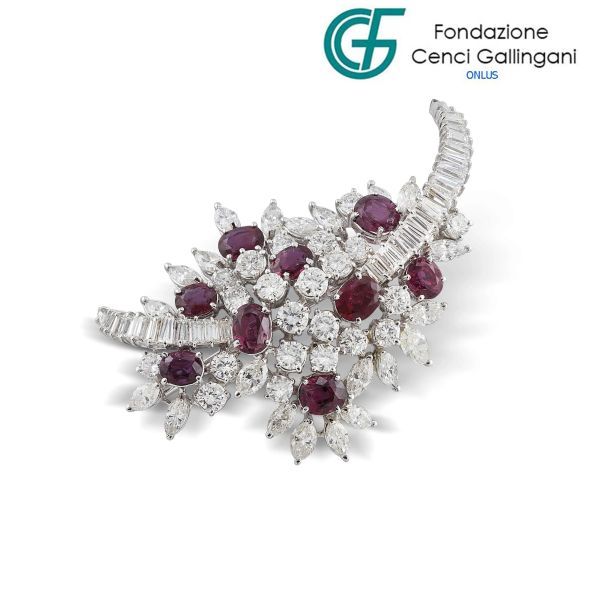 



RUBY AND DIAMOND FLOWERING BRANCH BROOCH IN 18KT WHITE GOLD