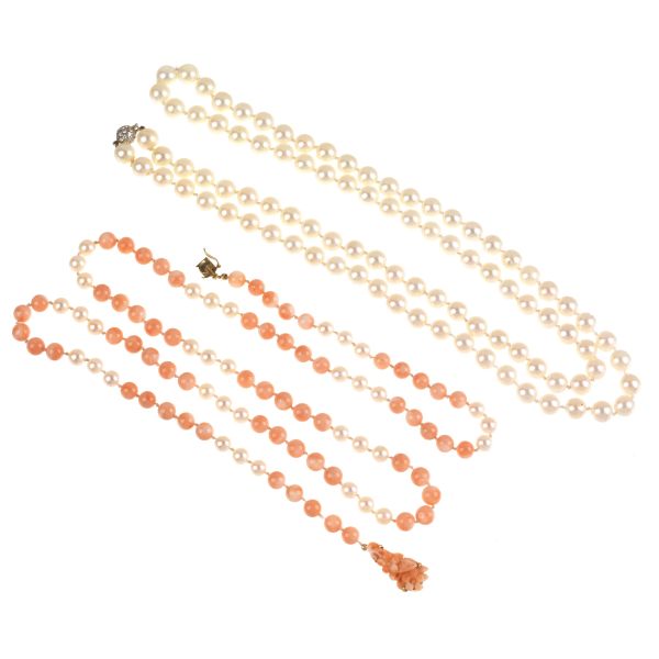 LONG PEARL AND ROSE CORAL NECKLACES