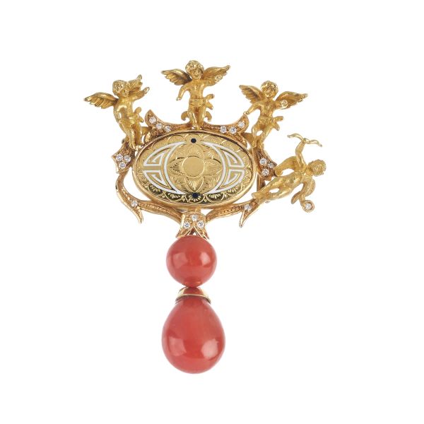 



SPILLA CON CORALLO E DIAMANTI
