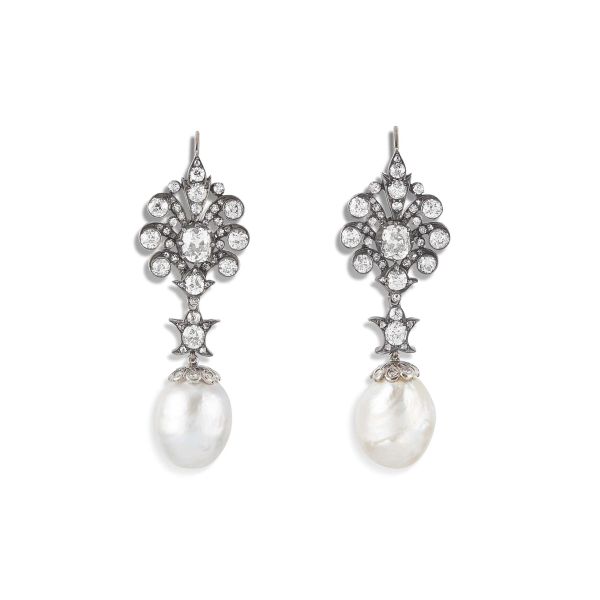 NATURAL PEARL AND DIAMOND DROP EARRINGS IN SILVER AND GOLD